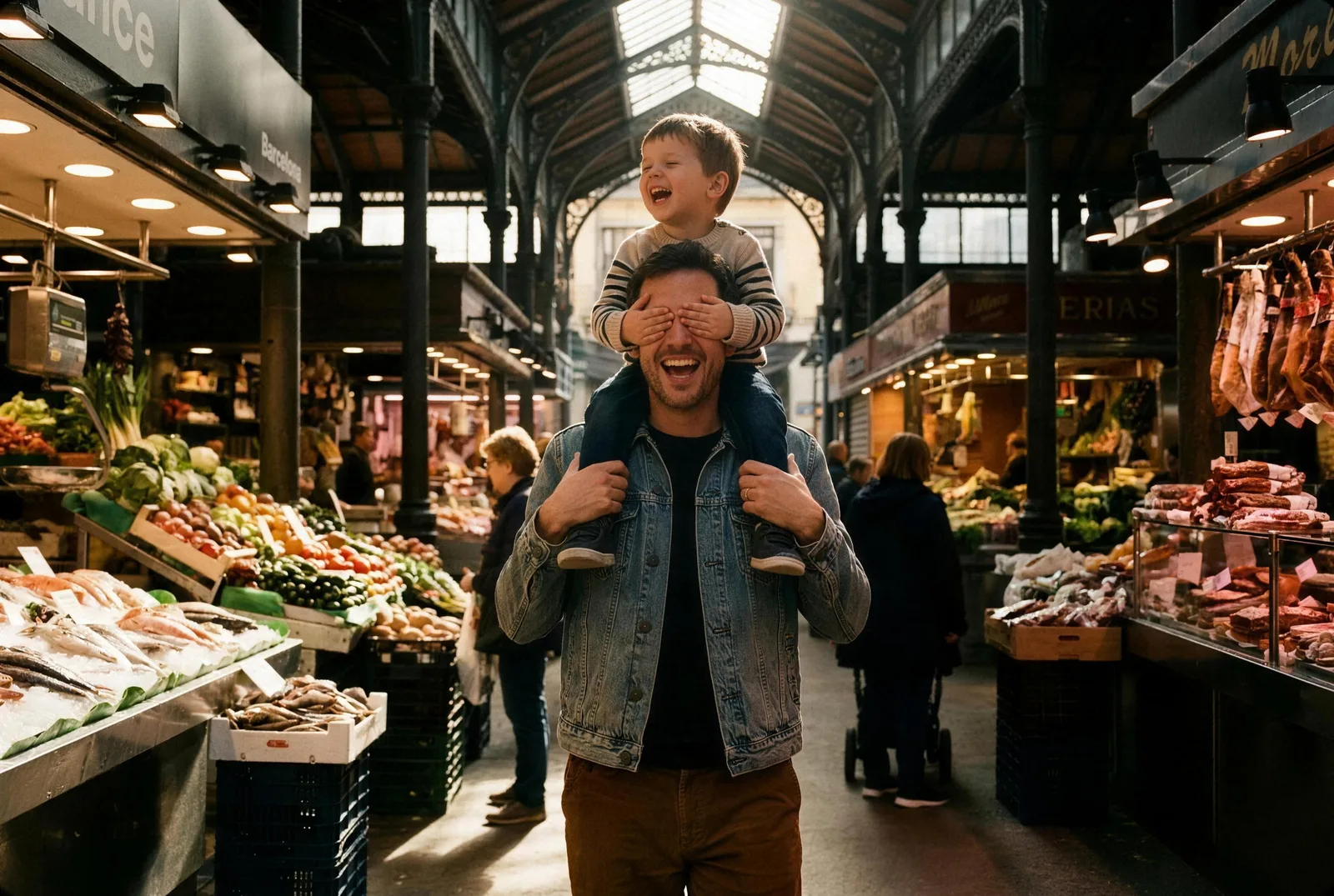 Un padre en un mercado de Barcelona lleva a su hijo a hombros; el niño le tapa los ojos y los dos se ríen